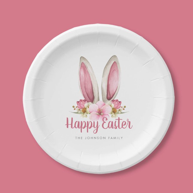 Prato De Papel Orelhas de Coelho Florais Rosa Fofa Feliz Páscoa (Cute Pink Floral Bunny Ears Happy Easter Paper Plates)