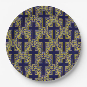Prato De Papel Ornamentado Cross 24 PLACAS DE PAPEL Dourado-Azul