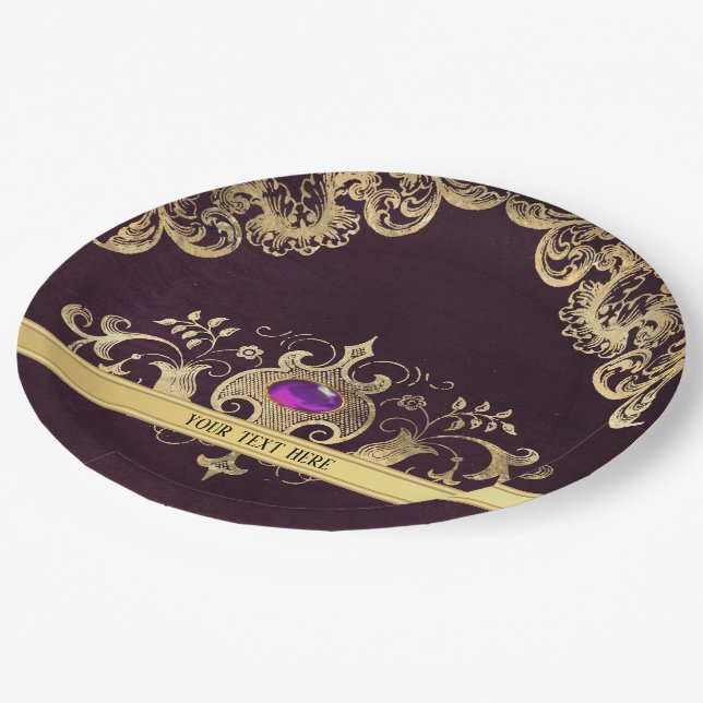 Prato De Papel Ornamentado Purple Vintage Dourado (Inclinado)