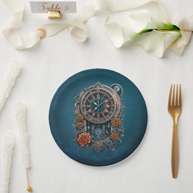 Prato De Papel Ornamentado Steampunk Clock com Rosas. (Casamento)