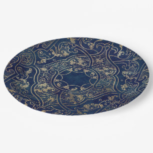 Prato De Papel Ornamentado Vintage de ouro azul Dourado