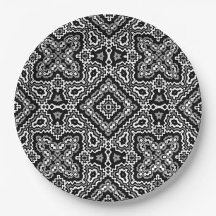 Prato De Papel ornamento de padrão étnico geométrico preto e bran