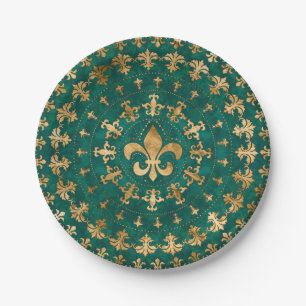 Prato De Papel Ornamento Fleur-de-lis Emerald Green