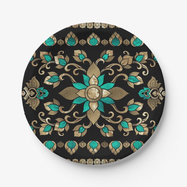 Prato De Papel Ornamento Tailandês - Dourado e Teal (Frente)