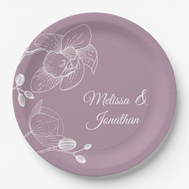 Prato De Papel Orquídeas do casamento elegante roxo floral modern (Frente)