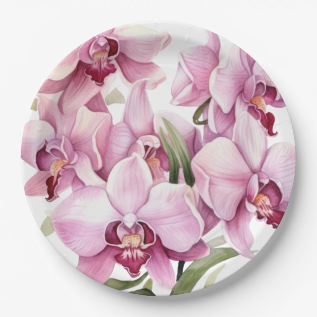Prato De Papel Orquídeas Rosa e Branco Casamento (Frente)