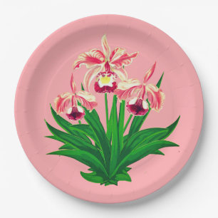 Prato De Papel Orquídeas Selvagens - Orquídeas Rosa-Coral e Folha