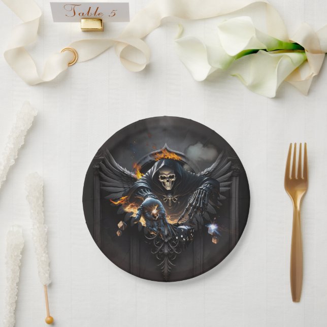 Prato De Papel Ossos e magia, esqueleto com dados místicos. (Casamento)