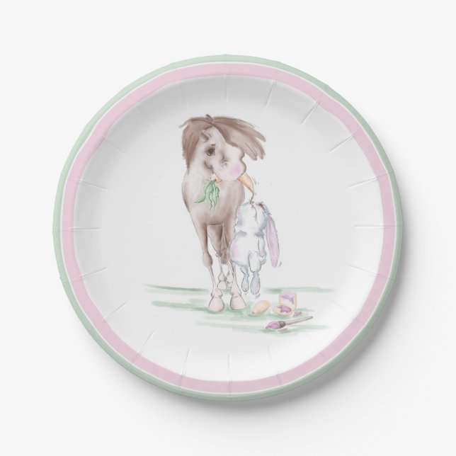 Prato De Papel Oster Pappteller mit Pferd und Hase für Osterparty (Frente)