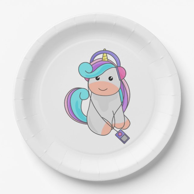Prato De Papel Ótima Unicórnio Ouvindo Música (Frente)