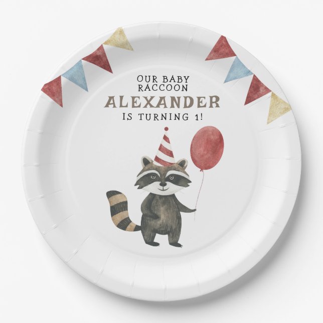 Prato De Papel Our Baby Raccoon 1st Birthday  (Frente)