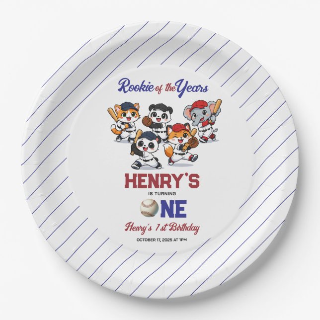 Prato De Papel Our Little Animals Baseball 1st Birthday Party (Frente)