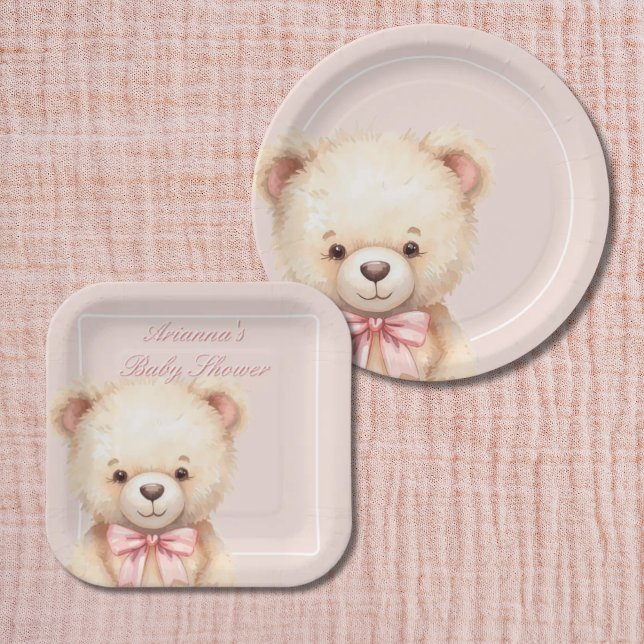 Prato De Papel Our Little Bear on the Way Pink Bow Baby Shower (Criador carregado)
