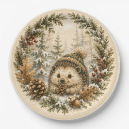 Prato De Papel Ouriço-doce de Inverno com Pinha em Bosque Nevado