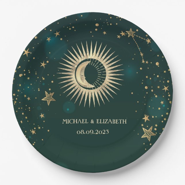 Prato De Papel Ouro Celestial Sol E Lua Estrelas Verde (Frente)