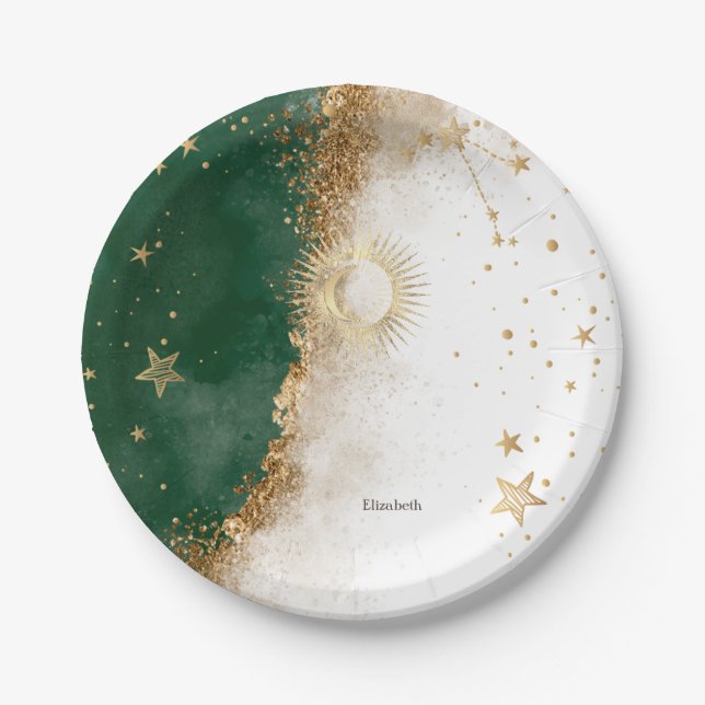 Prato De Papel Ouro Celestial Sol e Lua Estrelas Verde (Frente)