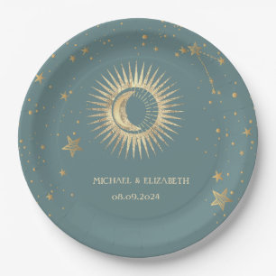 Prato De Papel Ouro Celestial Sol e Lua Estrelas Verde Menta