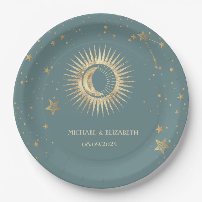 Prato De Papel Ouro Celestial Sol e Lua Estrelas Verde Menta (Frente)