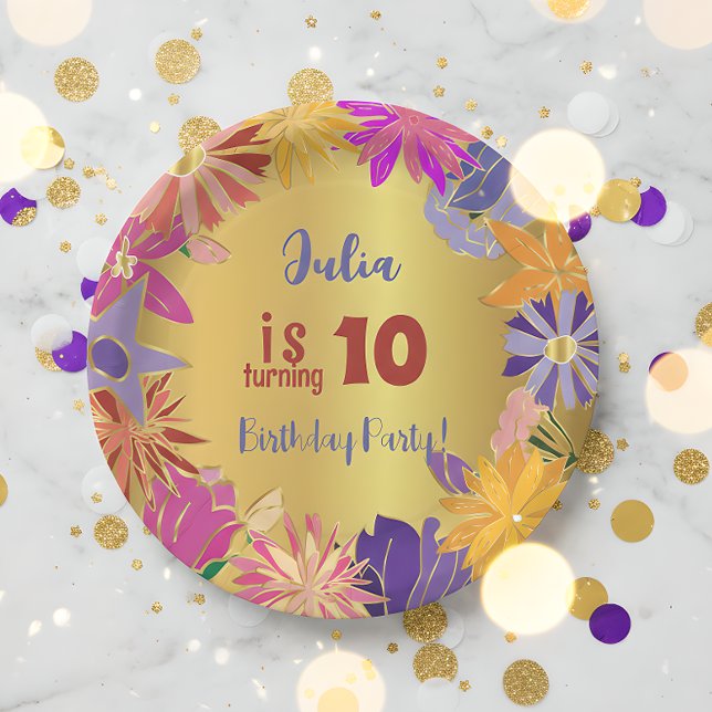 Prato De Papel Ouro contorno flores Aniversário (Criador carregado)