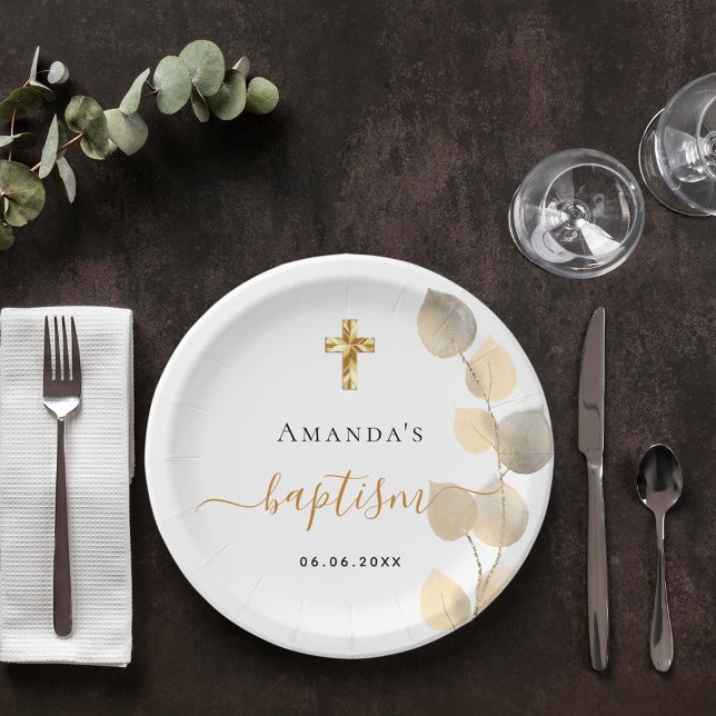 Prato De Papel Ouro de batismo eucalipto branco elegante (Criador carregado)