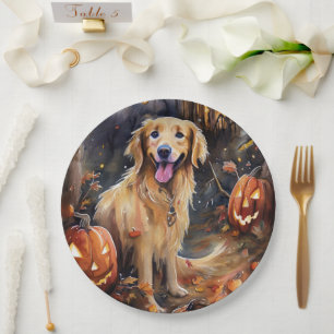 Prato De Papel Ouro De Halloween Retriever Com Pumpkins Assustado