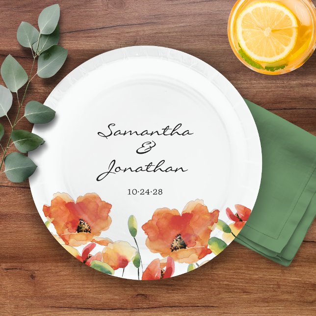 Prato De Papel Ouro de Verão Casamento com Poppy (Summer Golden Poppy Wedding Paper Plates)