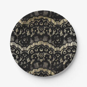 Prato De Papel Ouro floral francês elegante preto do falso do