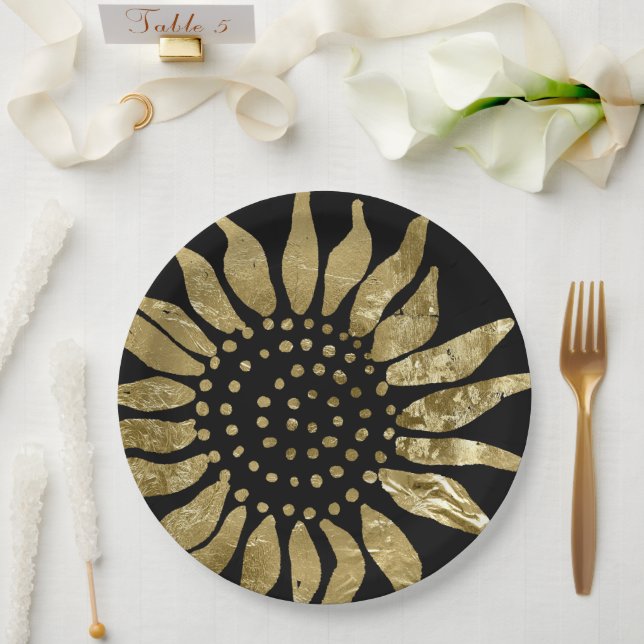 Prato De Papel Ouro Flourish | Girassol Dourado elegante em preto (Casamento)
