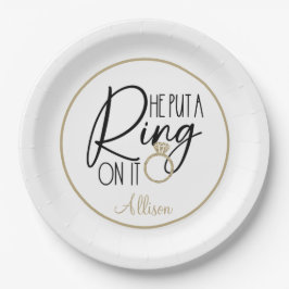 Prato De Papel Ouro Moderno Preto Nome Ele colocou um Anel nisso 