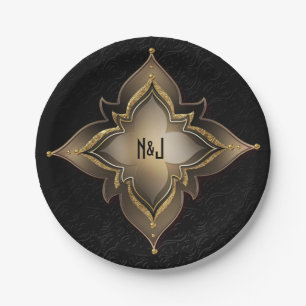 Prato De Papel Ouro Preto Glam Exótico Chic Flor Festa Personaliz