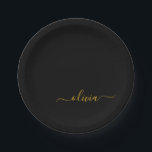 Prato De Papel Ouro Preto Script Nome Monograma Moderno Menina<br><div class="desc">Ouro e Preto Monograma Adicione Seu Próprio Nome Placas de Festa Script. Isso torna o presente perfeito para o aniversário de 16 anos,  casamento,  chá de noiva,  aniversário de casamento,  chá de bebê ou despedida de solteira para alguém que ama luxo e estilos chiques.</div>