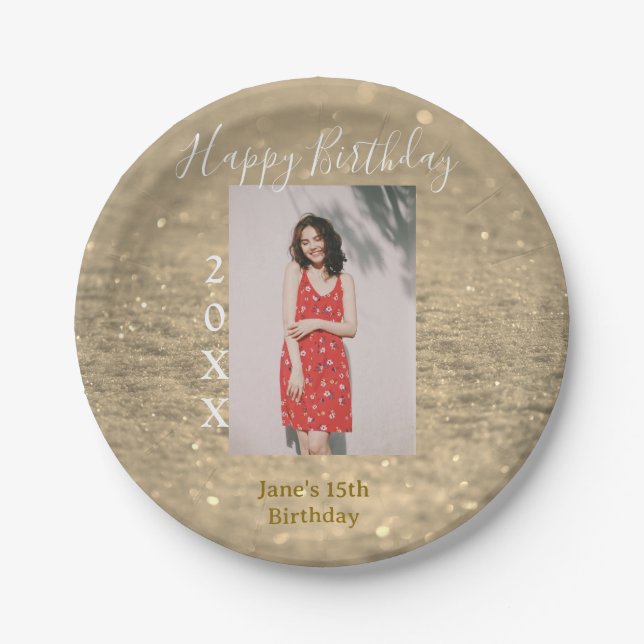 Prato De Papel Ouro reluzente feliz 15 de aniversário nome ano (Frente)
