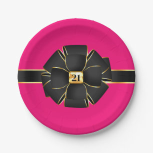 Prato De Papel Ouro rosa-quente elegante QUALQUER aniversário fem