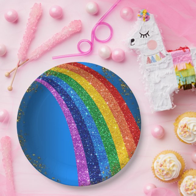 Prato De Papel Ouro Sparkles e Glitter Rainbow Blue (Festa)