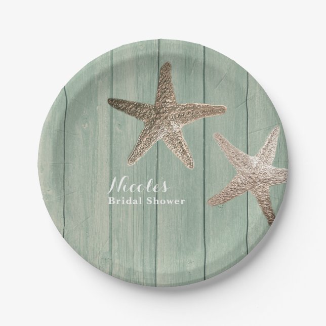 Prato De Papel Ouro Starfish & Wood Elegant Beach (Frente)