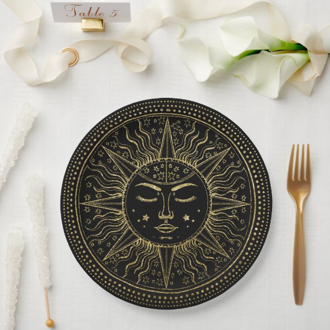 Prato De Papel Ouro Sun | Rosto Dourado Elegante com olhos fechad (Casamento)