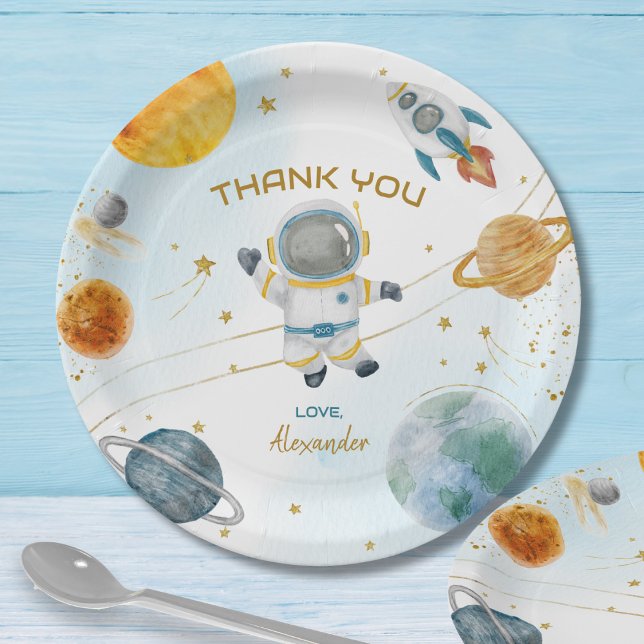 Prato De Papel Outer Space Astronaut Birthday Thank You (Criador carregado)