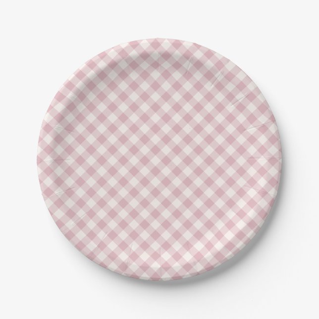Prato De Papel Outono Antigo Gingham Retro | Rosa Suave (Frente)