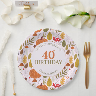 Prato De Papel Outono floral clássico folhas cor-de-rosa abóboras