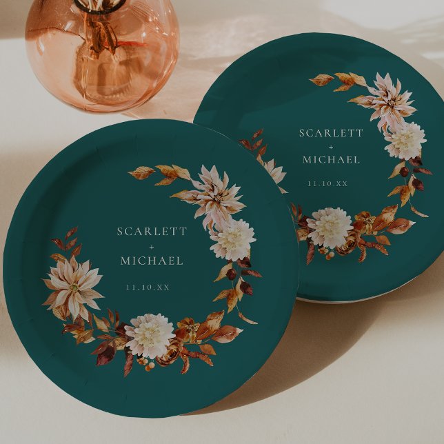 Prato De Papel Outono Turquesa (Teal Fall Wreath Floral Decor Paper Plates by Painted Paperie
)