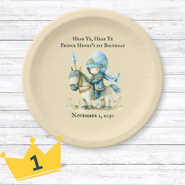 Prato De Papel Ouvir Ye primeiro aniversario medieval do Knight B (Hear Ye Medieval Knight Boy’s 1st Birthday Paper Plates)