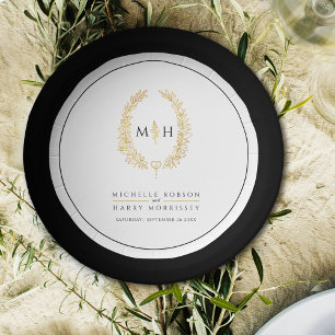 Prato De Papel Oval Wreath art deixa ouro preto monograma casamen