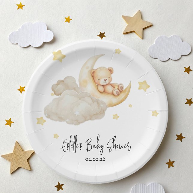 Prato De Papel Over The Moon Teddy Bear Baby Shower (Criador carregado)