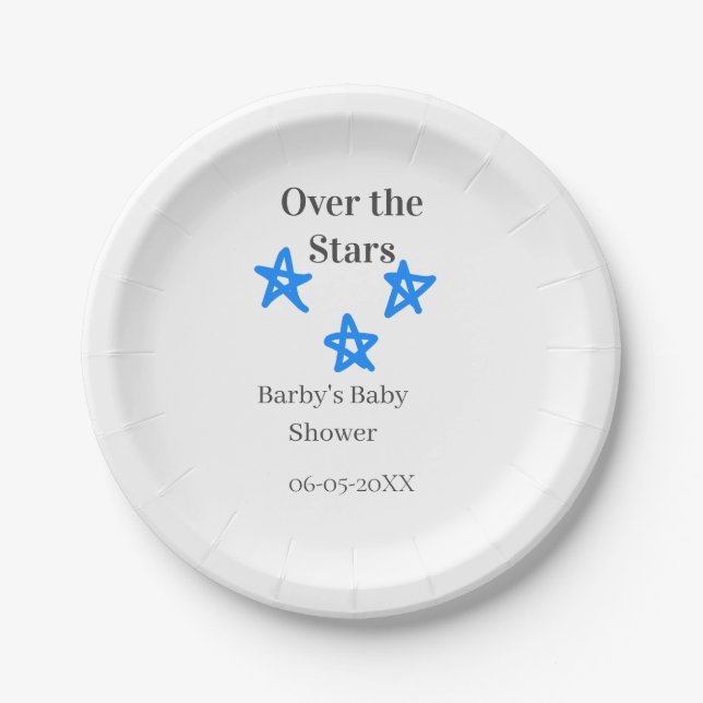 Prato De Papel Over the Stars blue gray baby shower name date ele (Frente)