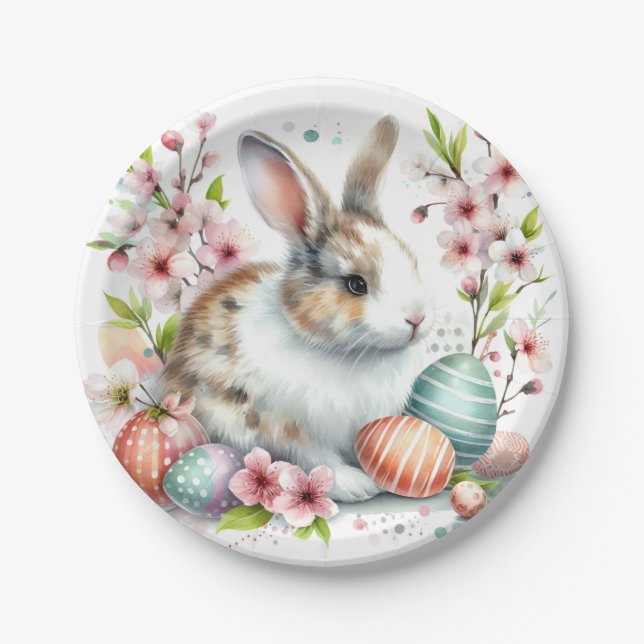 Prato De Papel Ovos e flores de coelho com páscoa de aquarela - (Frente)