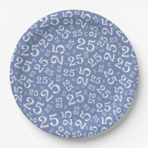 Prato De Papel Padrão 25 Birthday Blue/White Random Number
