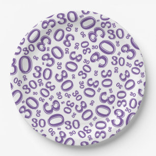 Prato De Papel Padrão 30 Random do Número Roxo/Branco