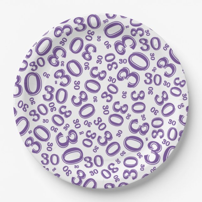 Prato De Papel Padrão 30 Random do Número Roxo/Branco (Frente)