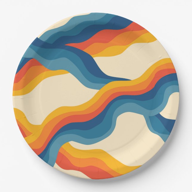 Prato De Papel Padrão abstrato Orange Blue Retro Wavy Stripe (Frente)