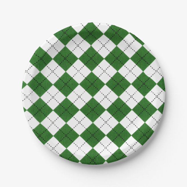 Prato De Papel Padrão Argyle Clássico Verde e Branco (Frente)